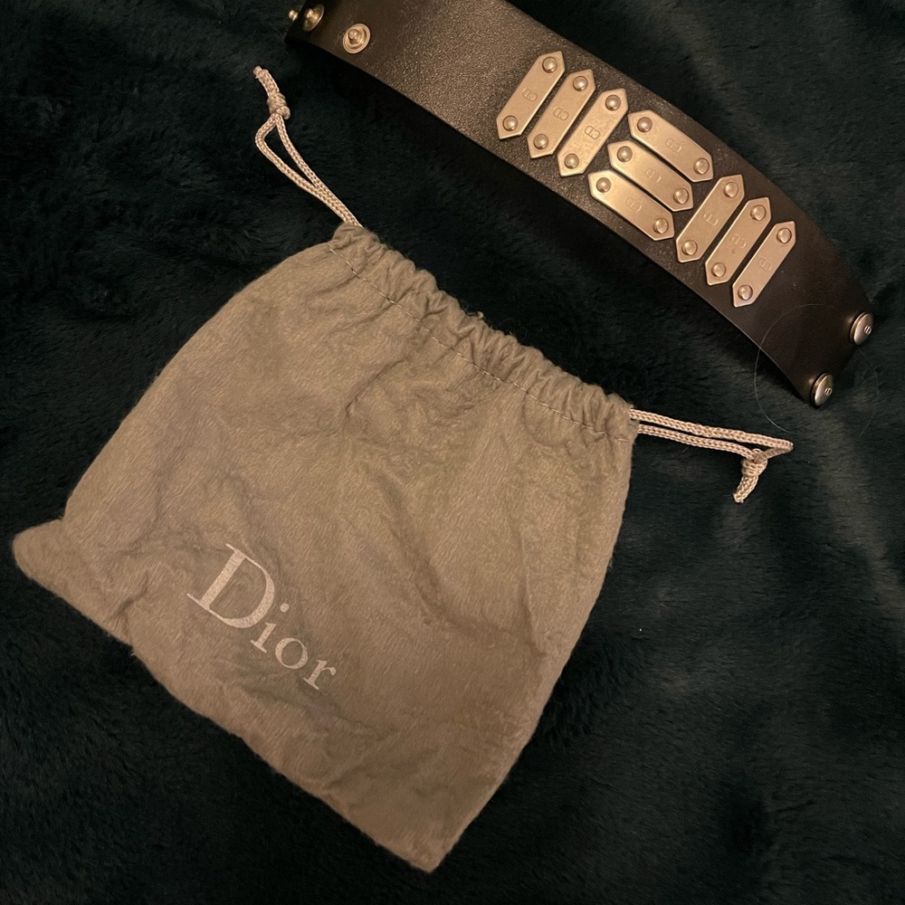 Dior Black Leather and Silver Cuff Bracelet